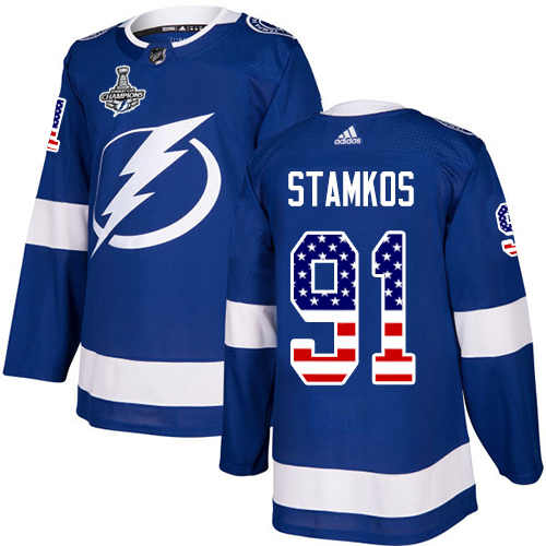 Adidas Tampa Bay Lightning #91 Steven Stamkos Blue Home Authentic USA Flag Youth 2020 Stanley Cup Champions Stitched NHL Jersey->youth nhl jersey->Youth Jersey